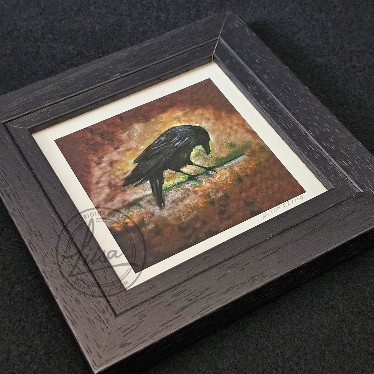 Warm Pastel Crow Limited Edition Giclee Print set in a Contemporary Black Frame by Liisa Clark
