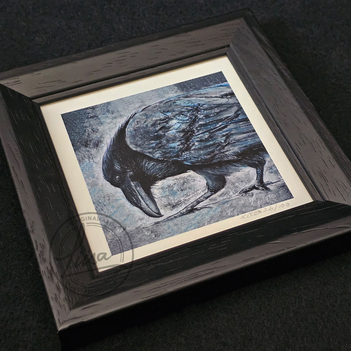 Raven Portrait in Muted Grey Tones in Pastels by Liisa Clark Fine Art Print Set in a Contemporary Black Frame