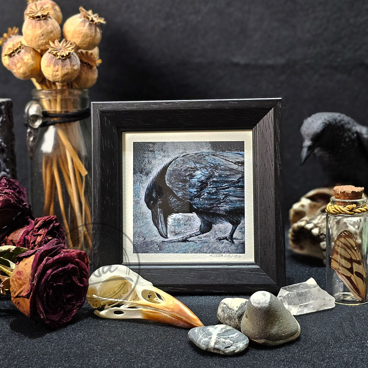 Raven Portrait in Muted Grey Tones in Pastels by Liisa Clark Fine Art Print Set in a Contemporary Black Frame