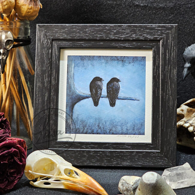 Crow Portrait titled Pair of Watchers in Muted Blue Tones in Pastels by Liisa Clark Fine Art Print Set in a Contemporary Black Frame