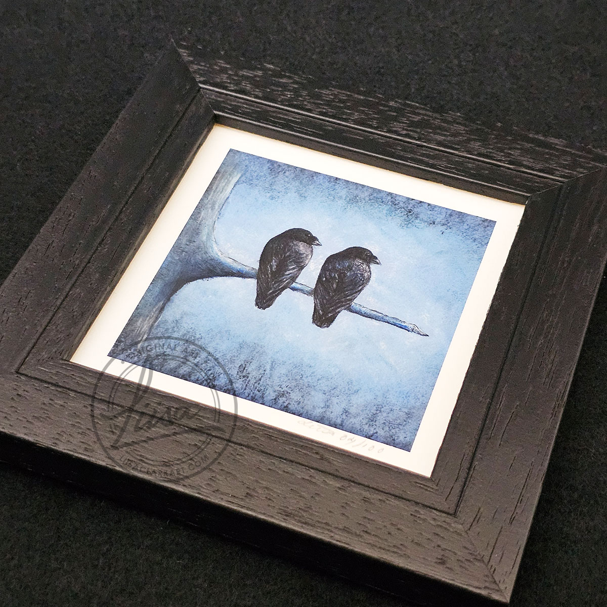 Crow Portrait titled Pair of Watchers in Muted Blue Tones in Pastels by Liisa Clark Fine Art Print Set in a Contemporary Black Frame