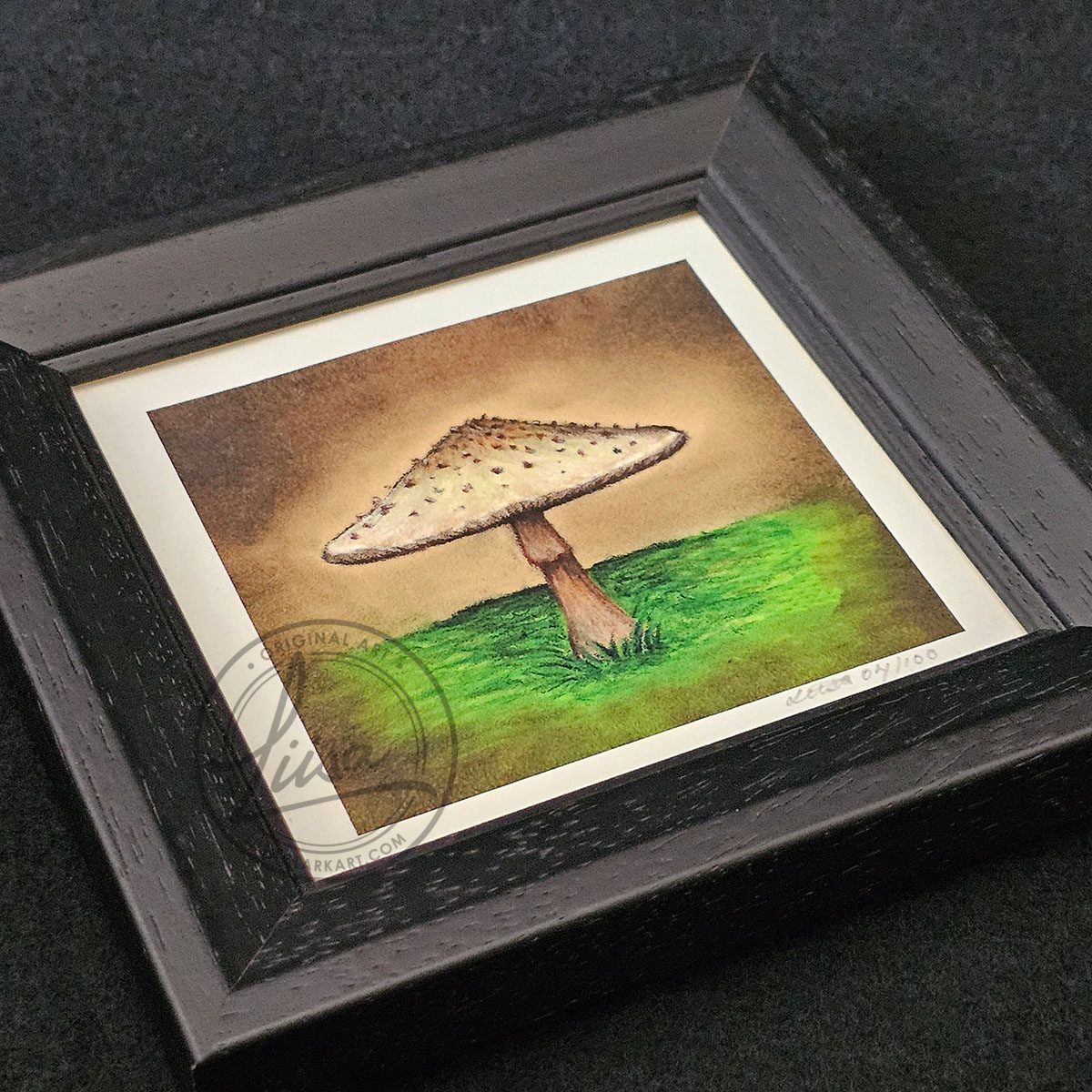 Limited Edition Giclee Art Print of a Parasol Toadstool Originally created On Velour Pastel Paper Set in a Black Contemporary Frame by Liisa Clark