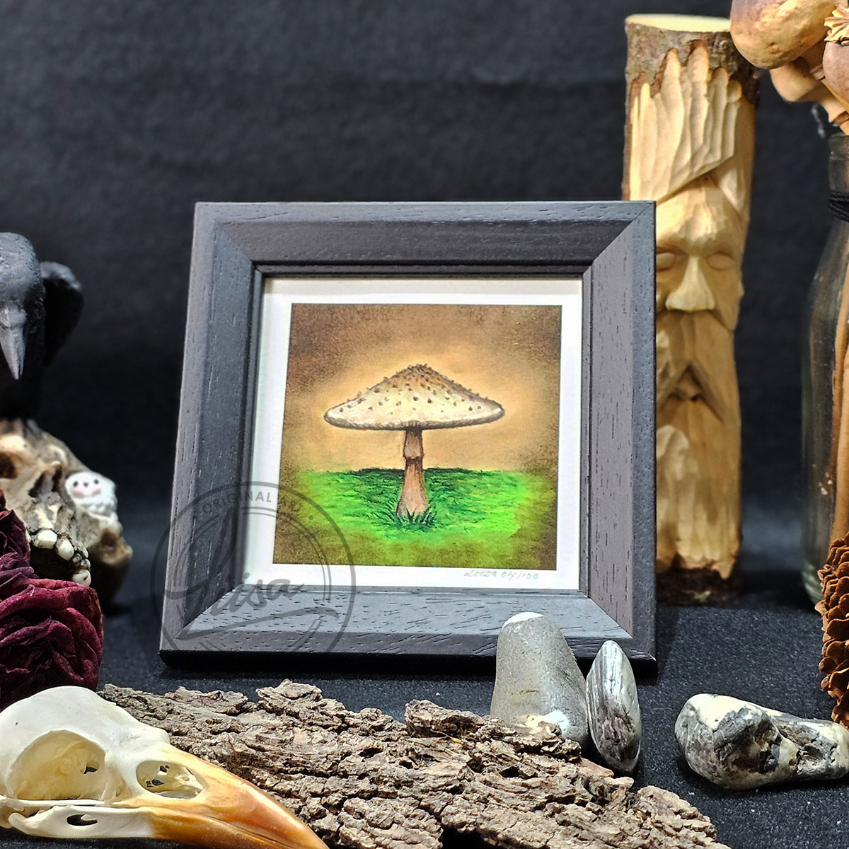Limited Edition Giclee Art Print of a Parasol Toadstool Originally created On Velour Pastel Paper Set in a Black Contemporary Frame by Liisa Clark