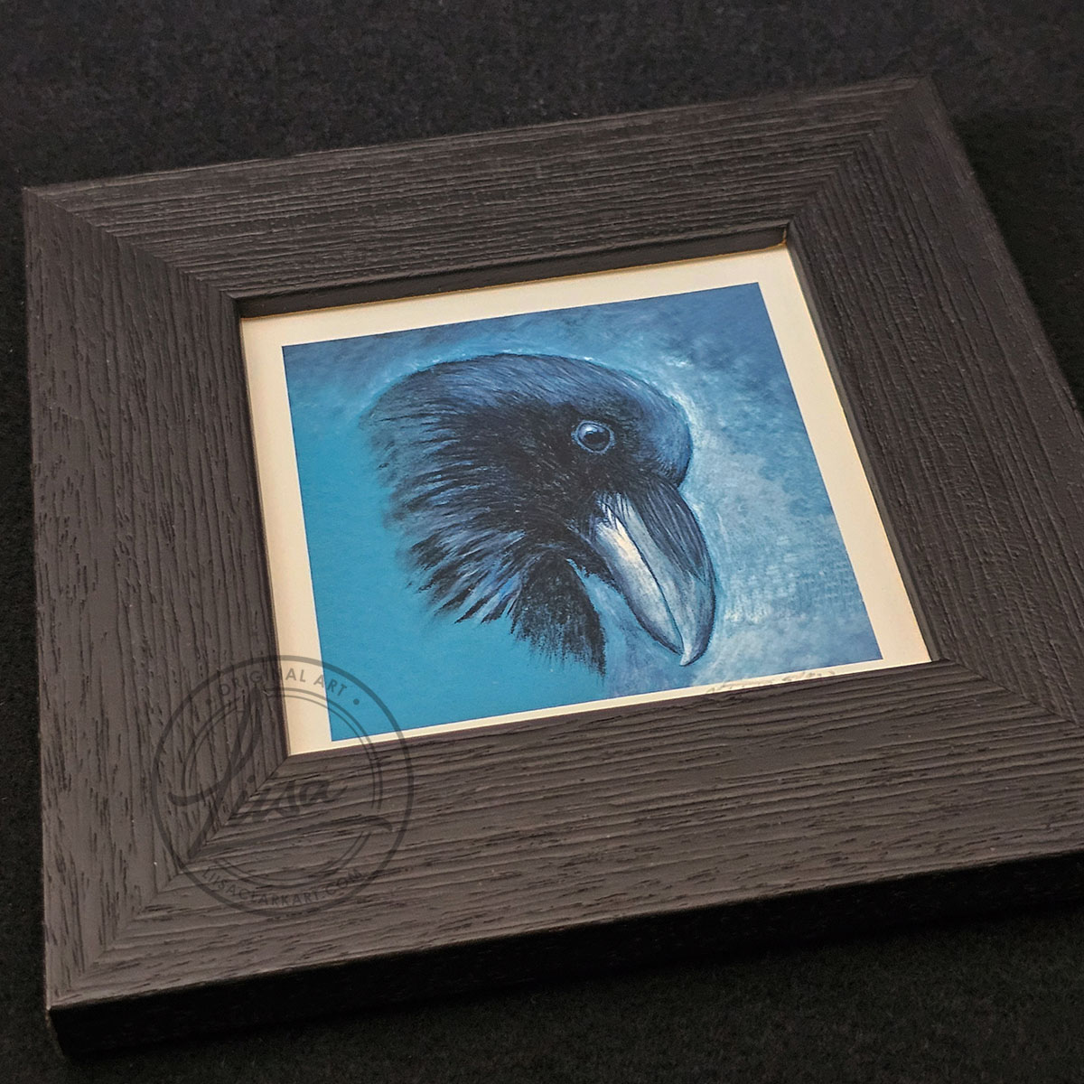 Portrait Of a Raven in Muted Grey Tones on Teal Pastel Paper in Pastels by Liisa Clark Fine Art Print Set in a Contemporary Black Frame by Liisa Clark