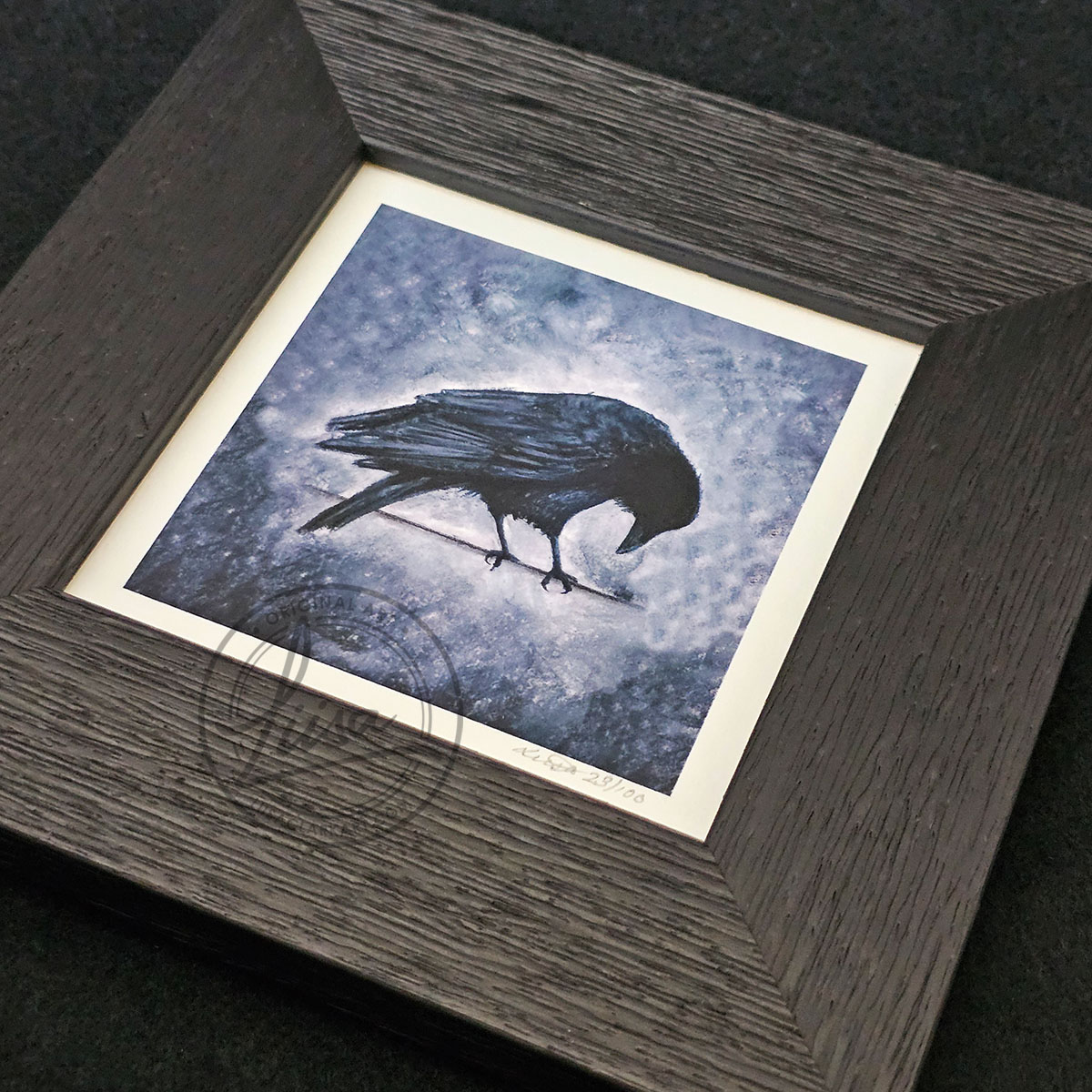 Crow Portrait in Muted Grey Tones in Pastels by Liisa Clark Fine Art Print Set in a Contemporary Black Frame by Liisa Clark