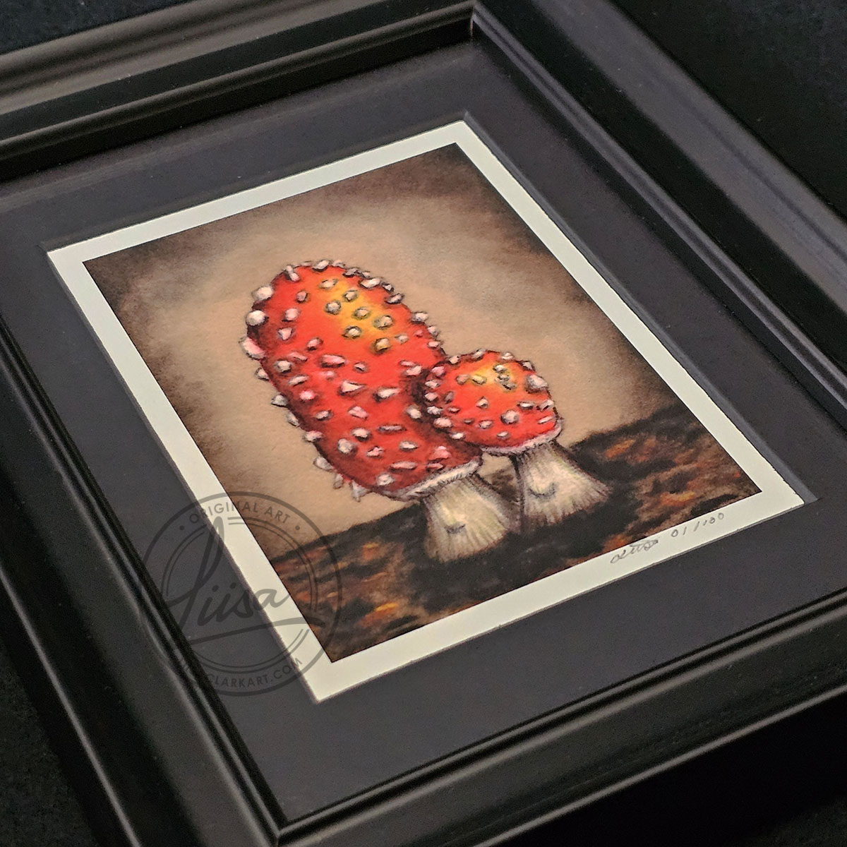 Limited Edition Giclee Art Print of a Pair of Fly Agaric Toadstools Originally On Velour Pastel Paper Set in a Black Contemporary Frame by Liisa Clark