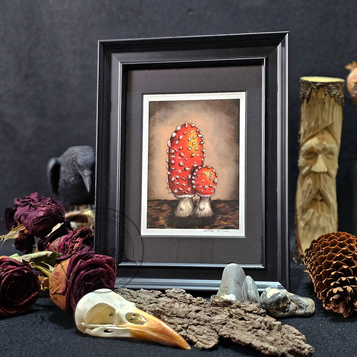 Limited Edition Giclee Art Print of a Pair of Fly Agaric Toadstools Originally On Velour Pastel Paper Set in a Black Contemporary Frame by Liisa Clark