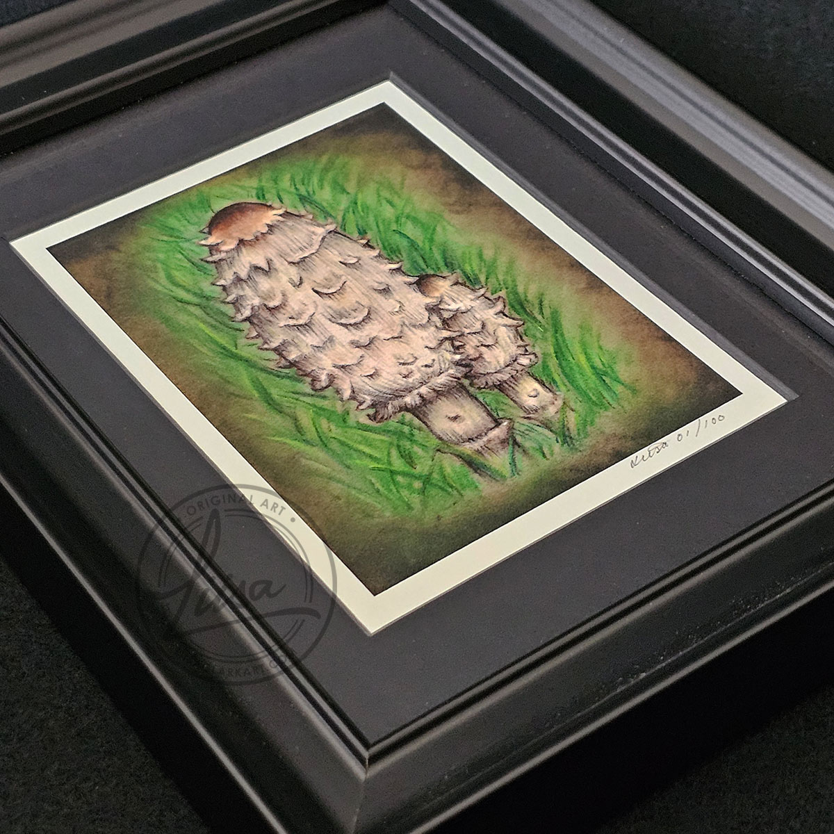 Limited Edition Giclee Art Print of a Pair of Shaggy Ink Cap Toadstools nestled in Grass Originally On Velour Pastel Paper Set in a Black Contemporary Frame by Liisa Clark