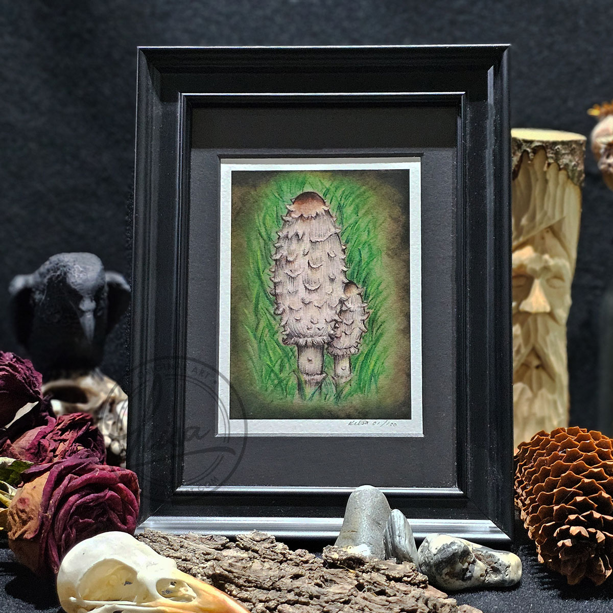 Limited Edition Giclee Art Print of a Pair of Shaggy Ink Cap Toadstools nestled in Grass Originally On Velour Pastel Paper Set in a Black Contemporary Frame by Liisa Clark