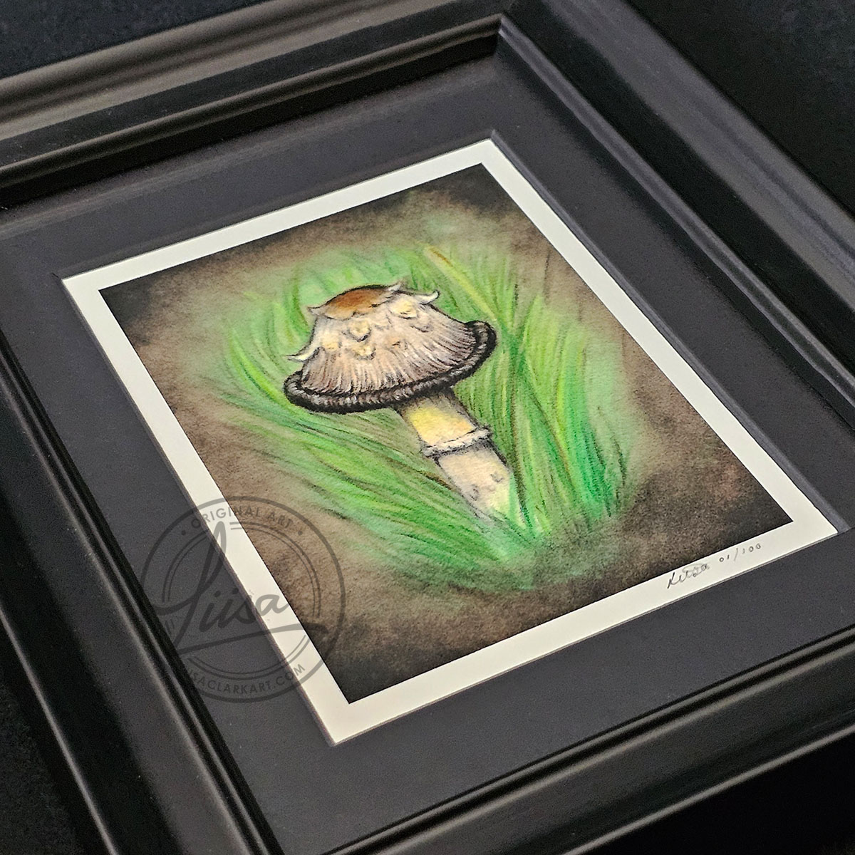Limited Edition Giclee Art Print of an Ink Cap Toadstool nestled in Grass Originally On Velour Pastel Paper Set in a Black Contemporary Frame by Liisa Clark