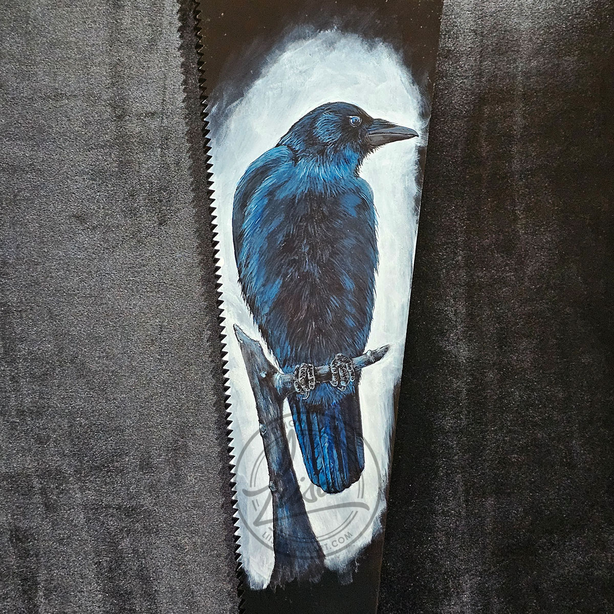Detailed Oil Painting of a Morrigan Crow on a Vintage Saw Close up of realistic feathers and intense Crow eye