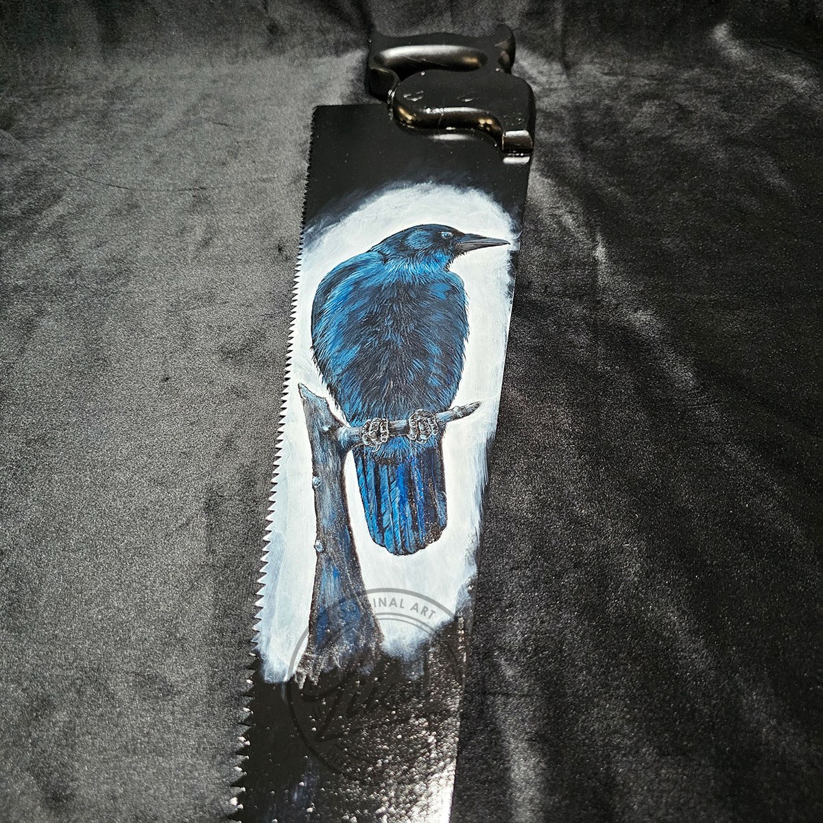 Antique Wooden Saw Handle attached to a hand painted crow artwork by the Morrigan acrylic paint on relic tool