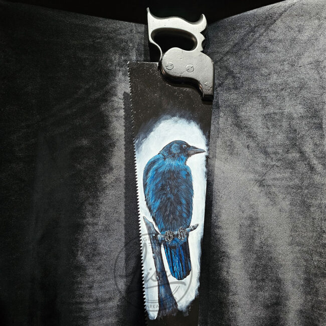 Original Crow Painting inspired by the Morrigan Goddess on a 19th Century antique metal saw hand painted in Acrylics