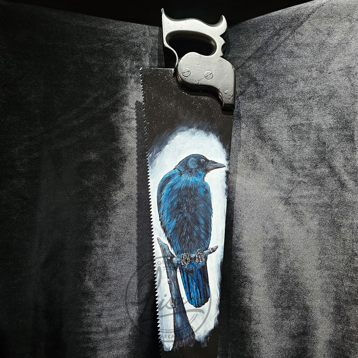 Original Crow Painting inspired by the Morrigan Goddess on a 19th Century antique metal saw hand painted in Acrylics