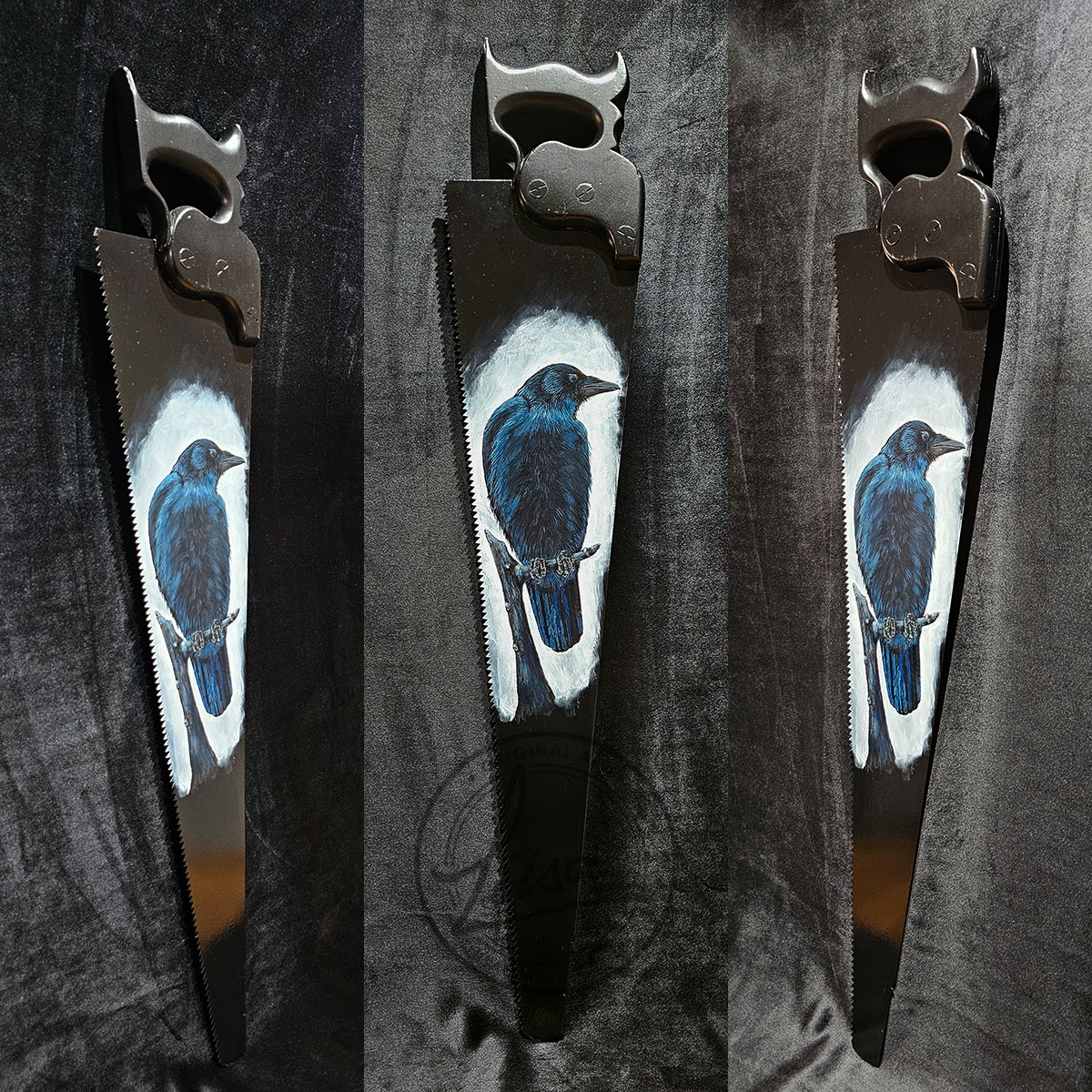 The Morrigan Crow Artwork displayed showing each side and the whole Saw hand painted vintage saw as hanging Corvid art decor