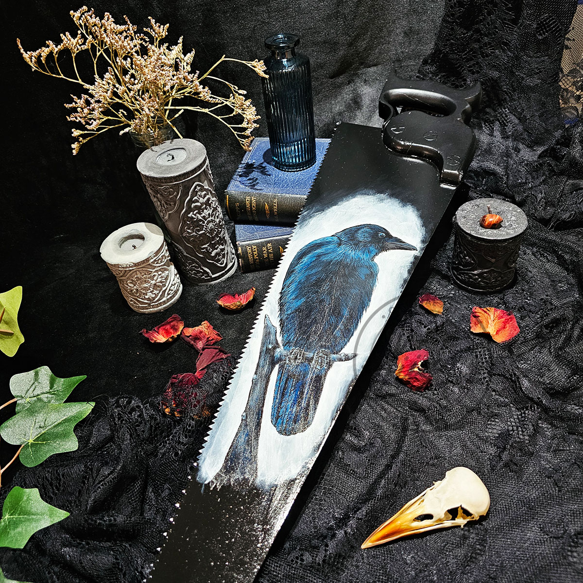 Original Crow Painting inspired by the Morrigan Goddess on a 19th Century antique metal saw hand painted in Acrylics