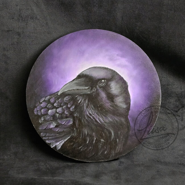 Original Oil Painting of a Crow with Violet hues part of the Corvid Chroma Series By Liisa Clark