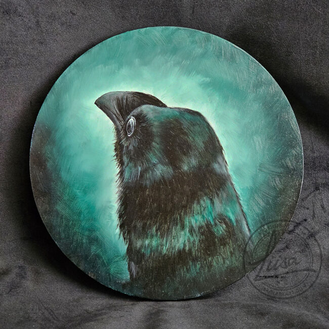 Original Oil Painting of a Crow with Bluey Green Turquoise hues part of the Corvid Chroma Series By Liisa Clark