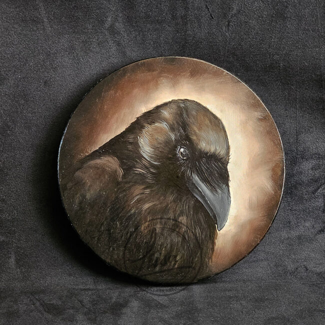 Original Oil Painting of a Crow with Sepia Tones part of the Corvid Chroma Series By Liisa Clark