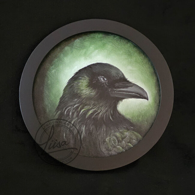 An Original Oil Painting titled Verdant Green on a Round Canvas Panel part of the Corvid Chroma Series Celebrating the Colours found in Corvid feathers by Liisa Clark