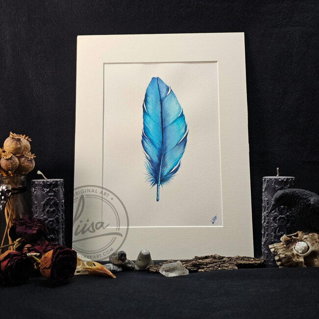 Original Watercolour Feather Titled Essence Set in White Mount ready for you to frame by Liisa Clark