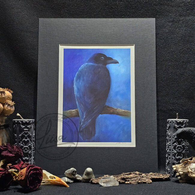 Portrait Of a Crow Originally painted in Oils Fine Art Print Set in Black Mount ready for you to frame by Liisa Clark