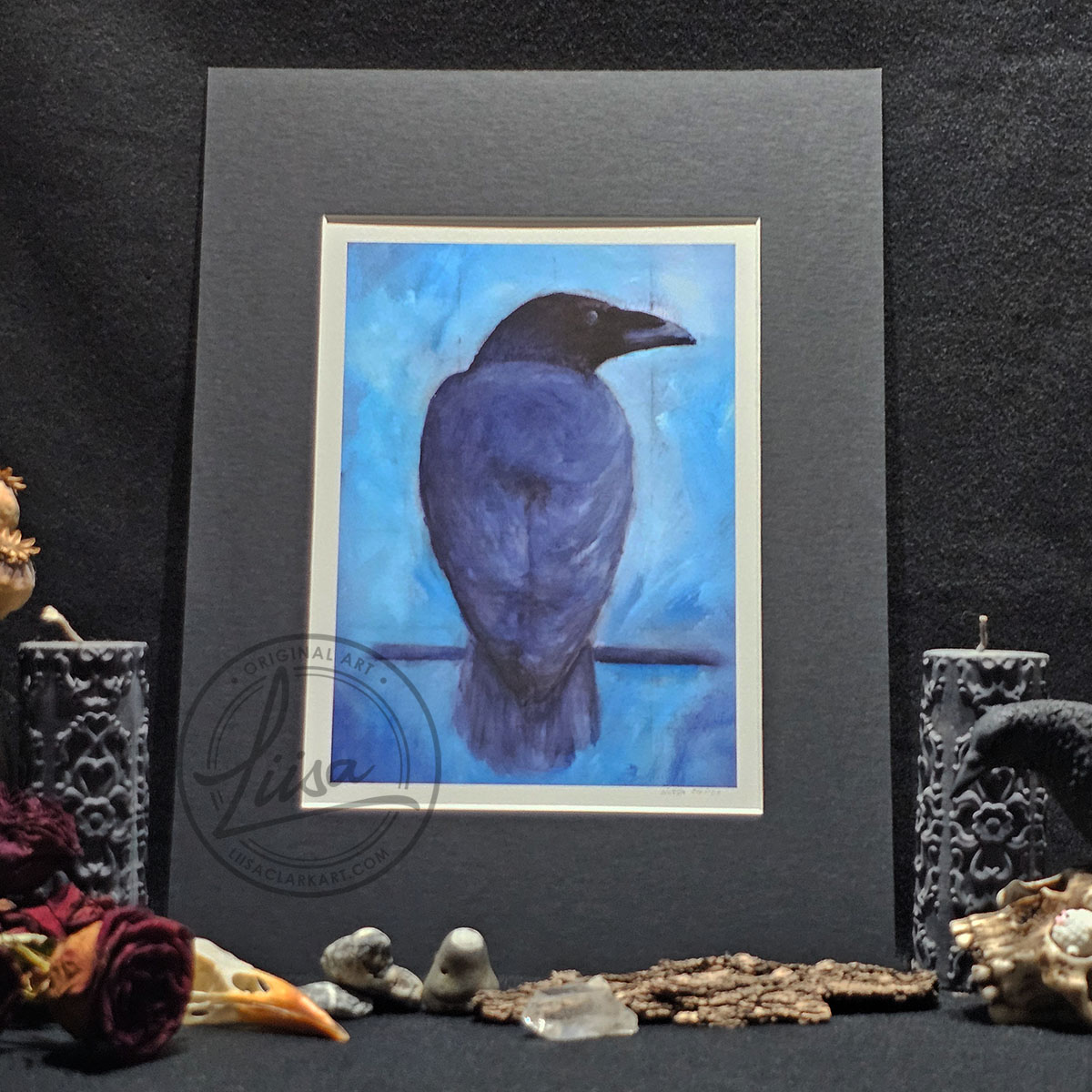 Portrait Of a Crow Originally painted in Oils Fine Art Print Set in Black Mount ready for you to frame by Liisa Clark