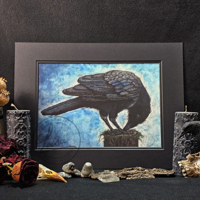 Limited Edition Giclee Print of of a Crow Curiously pecking something titled What is this? Set in a Double Black Mount by Liisa Clark
