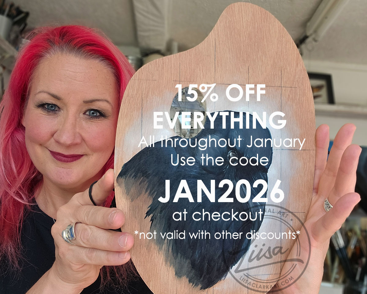 Artist Liisa is holding an original Oil painting of a Crow in a Tree with Januarys special offer of 15% discount off everything on the website
