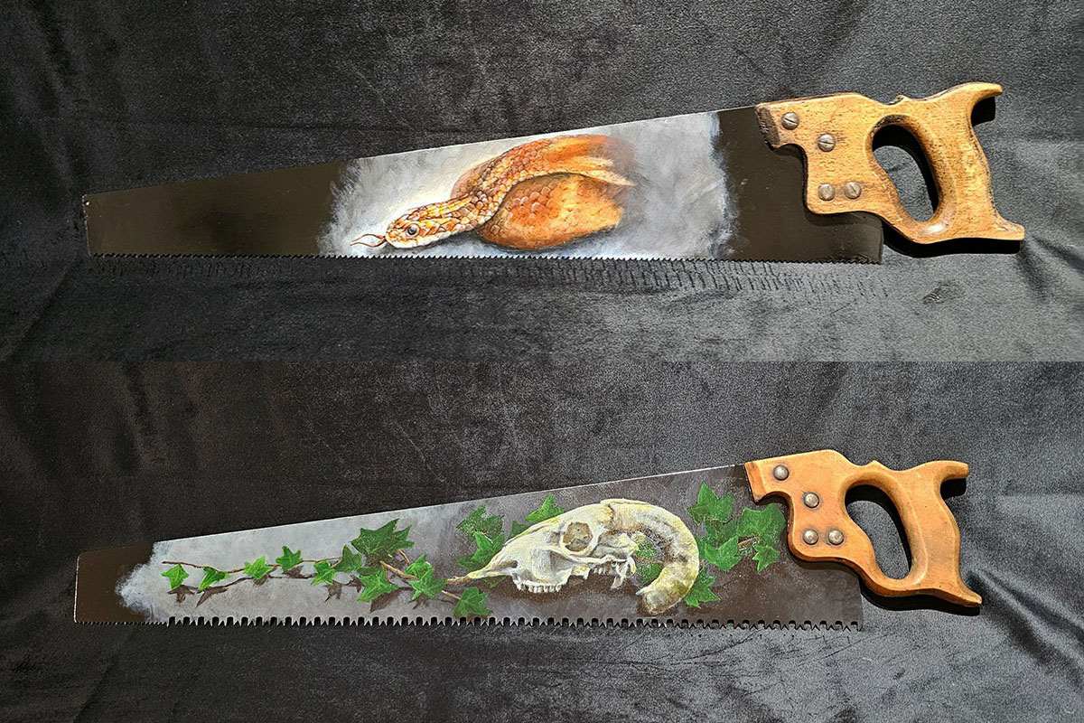 Pair of Memento Mori Vintage saws of a Corn Snake and a Sheep Skull with Coiled Ivy by Liisa Clark
