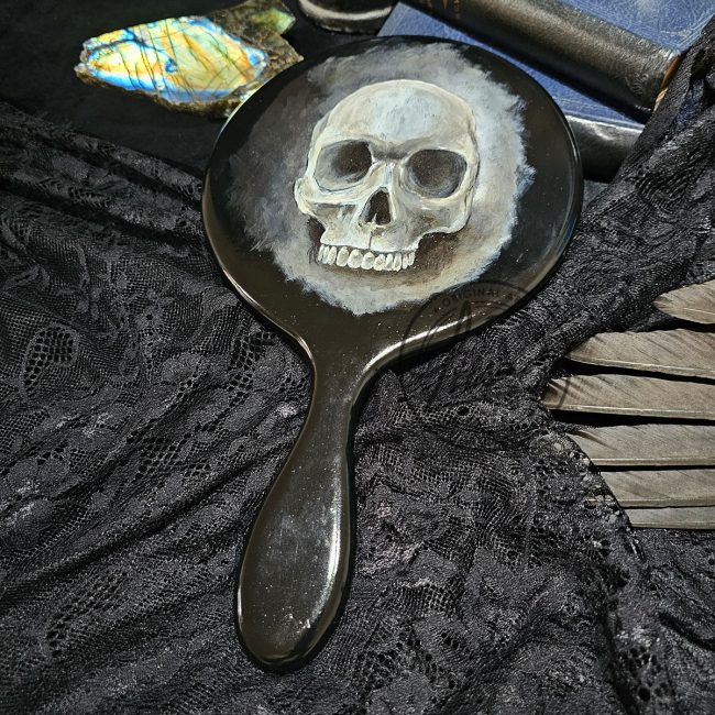 Original skull painting titled “The Shape Original skull painting titled “The Shape Beneath” on reclaimed antique hand mirror by UK artist Liisa Clark styled in a dark still life