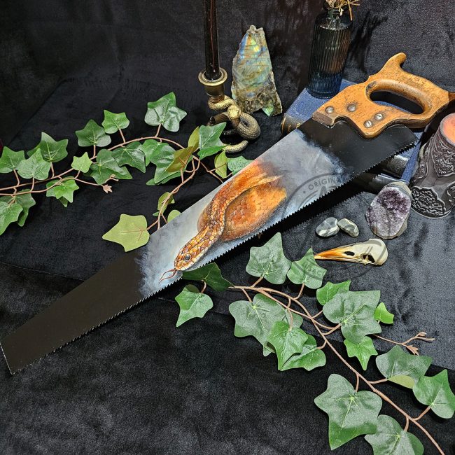 Corn snake oil painting on reclaimed antique hand saw by UK wildlife artist Liisa Clark