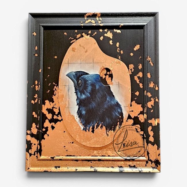 Original crow artwork painted on a reclaimed artist's palette with hand-applied copper leaf, mounted and framed in black wood as part of the All That Glitters series by Liisa Clark