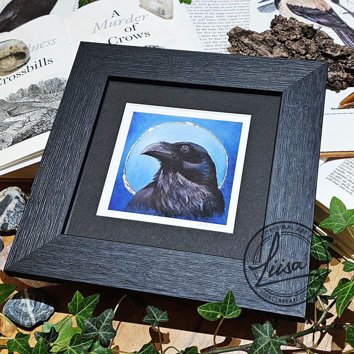 Framed raven artwork with silver leaf embellishment displayed with ivy, crystals and natural history objects