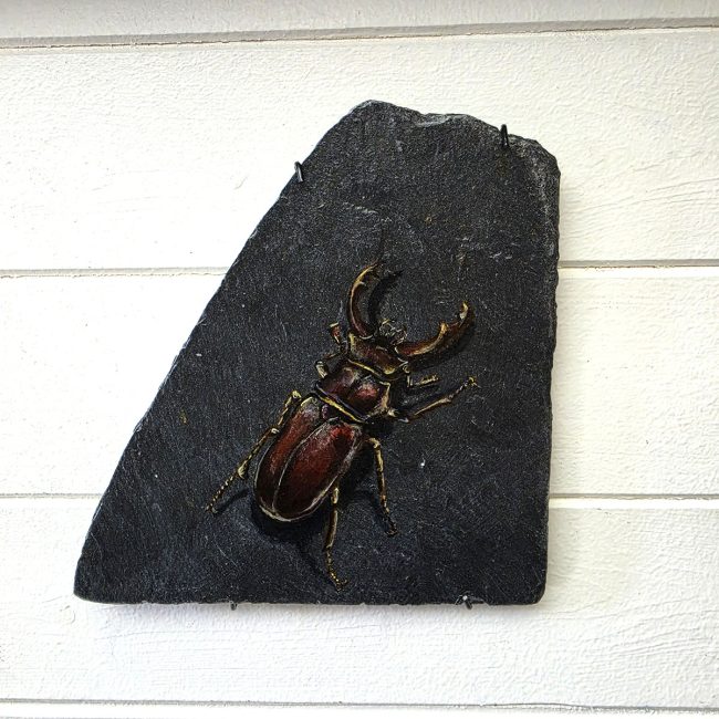 Keeper of the Old Stone original stag beetle painting on genuine reclaimed Welsh slate by wildlife artist Liisa Clark