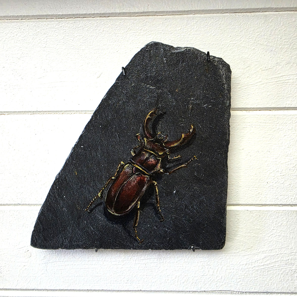 Keeper of the Old Stone original stag beetle painting on genuine reclaimed Welsh slate by wildlife artist Liisa Clark