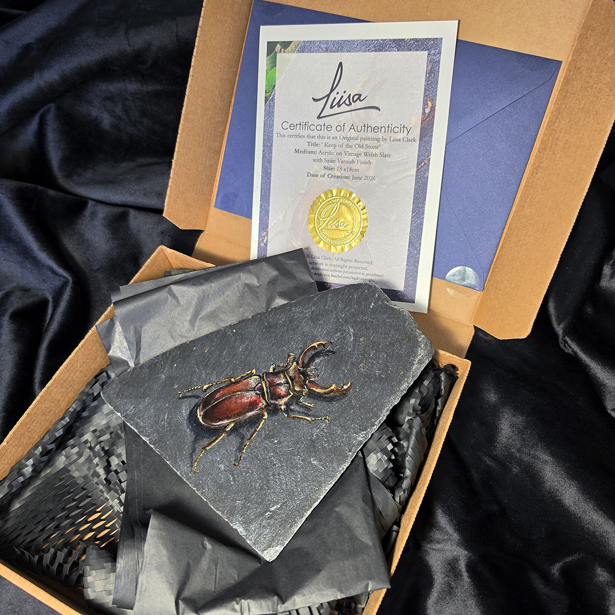 Keeper of the Old Stone original stag beetle painting presented in gift packaging with Certificate of Authenticity