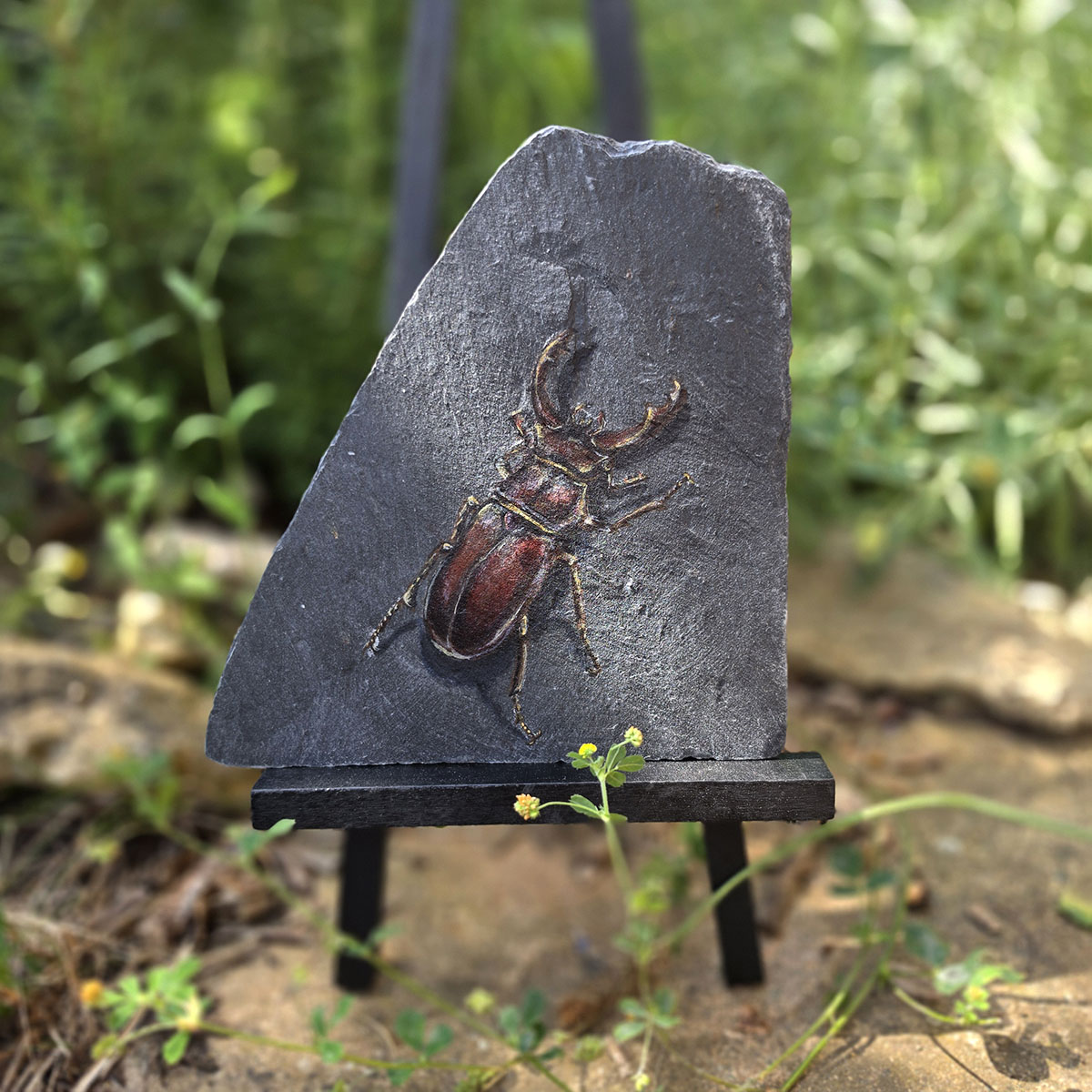Original stag beetle painting Keeper of the Old Stone displayed on reclaimed Welsh slate in a natural garden setting