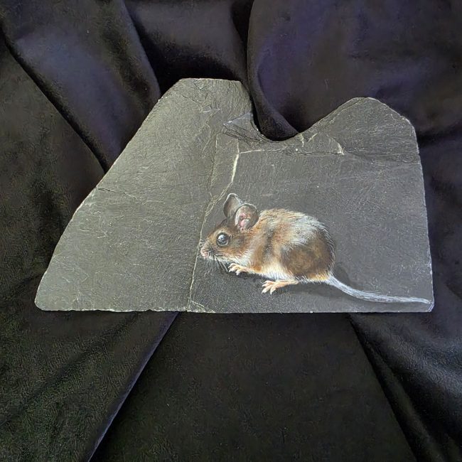 Original wood mouse painted in acrylic on an irregular piece of dark reclaimed Welsh slate